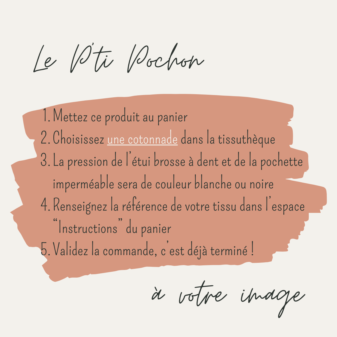 Explications écrites pour personnaliser un trousseau enfant avec les tissus de votre choix disponibles dans la tissuthèque.