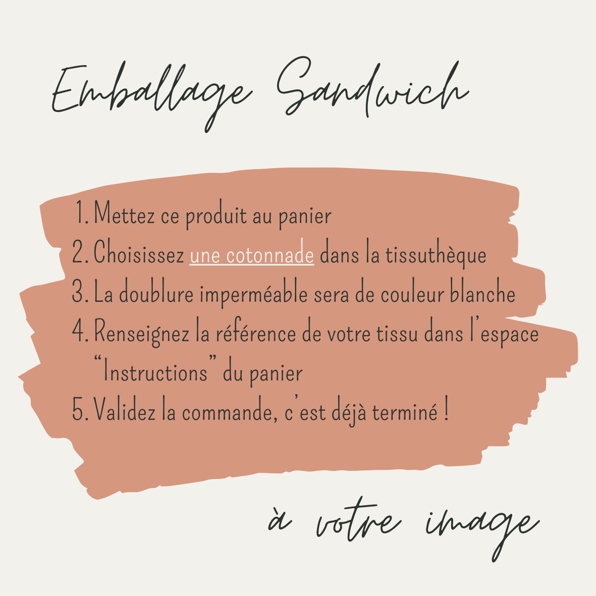 Explications écrites pour personnaliser un emballage pour sandwich en tissu. accessoire de cuisine zéro déchet et consommation éco responsable. accessoire écologique