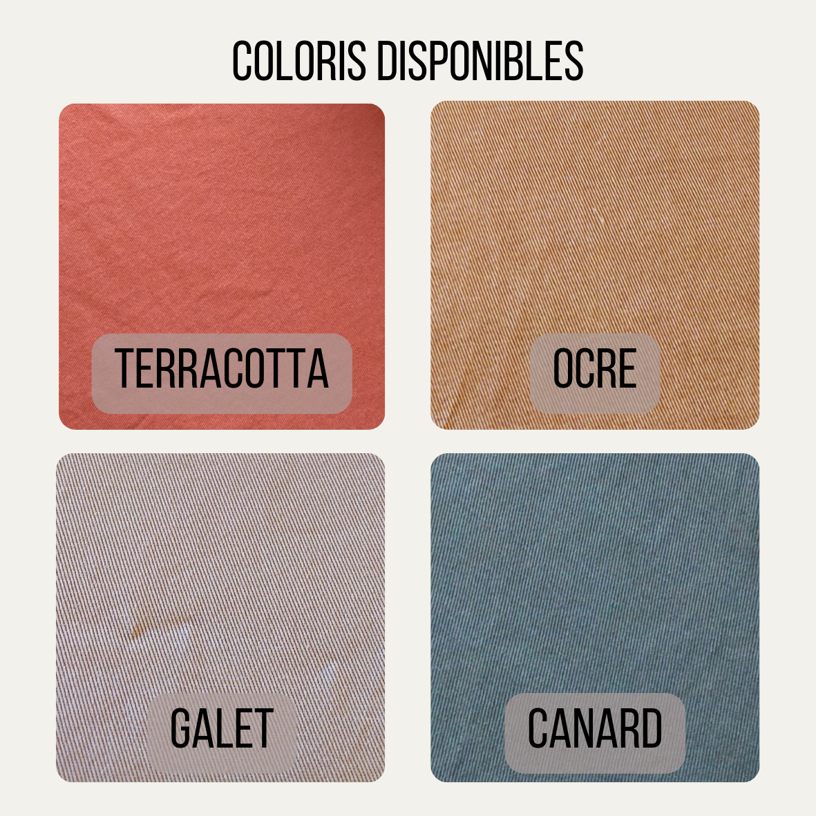 Présentation des différentes couleurs pour les étui à lunettes: Terracotta, ocre, galet ou canard