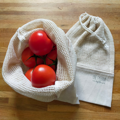 sac à vrac en filet de coton biologique pour les fruits ou légumes. fermeture avec un cordon.