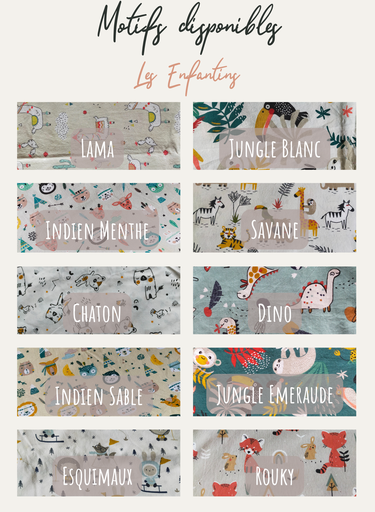 Visuel de présentation des différents tissus disponibles pour la confection des pochettes à savon, les motifs sont enfantins (indiens, chatons, esquimaux, dinosaures, savane, jungle et renards)